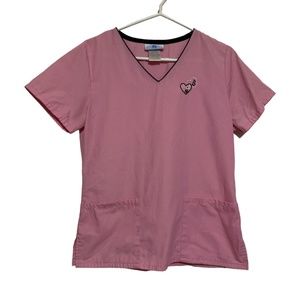 3/30 Pink scrub top with black trim and embroidered hearts